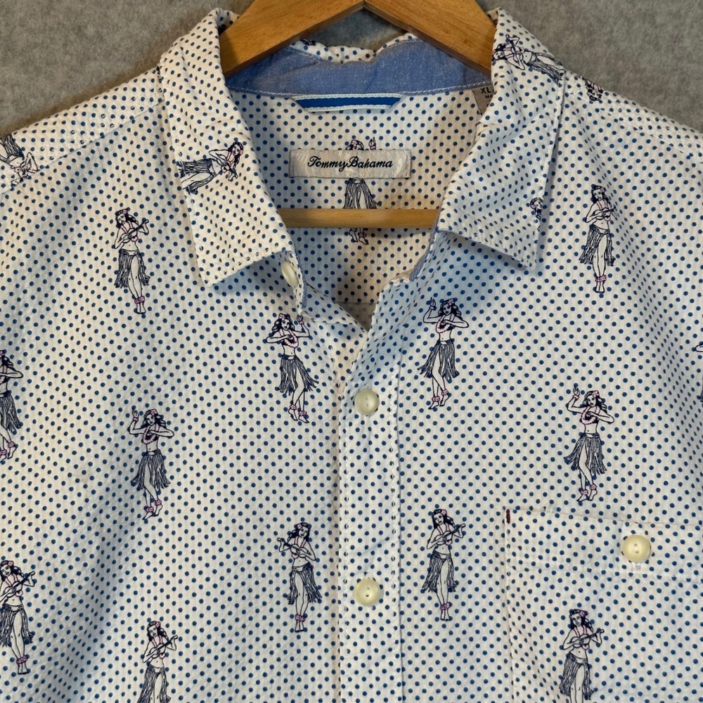 Tommy Bahama Seersucker Button Down Mens XL White Blue Polka Dot Hula Girl SS